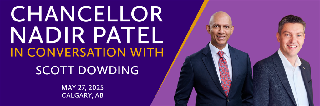 Chancellor Nadir Patel in conversation with Scott Dowding, graphic with both their headshots